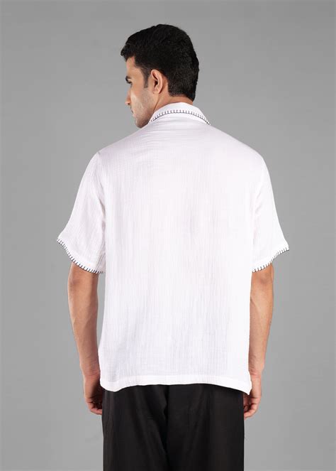 White Embroidered Cuban Collar Shirt for Men | Cotton Gauze Shirt ...