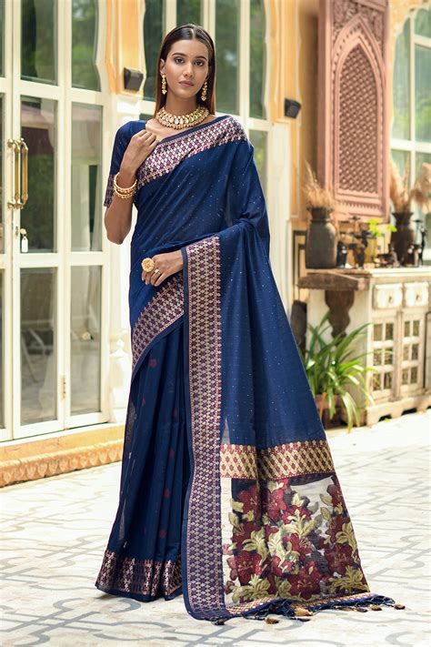Buy Navy Blue Cotton Saree 62889 Online | Karagiri