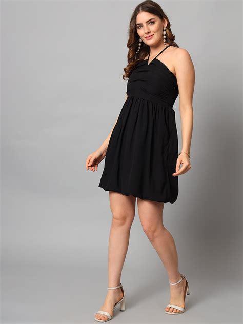 Emeros Black Halter Neck with Stylized Back Puffed Women Dress