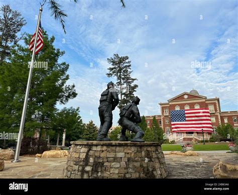 Memorial Day scene. Alpharetta City Hall adorned with a large US flag ...
