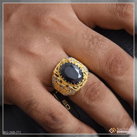 1 Gram Gold Plated Black Stone With Diamond Hand-crafted Ring For Men ...