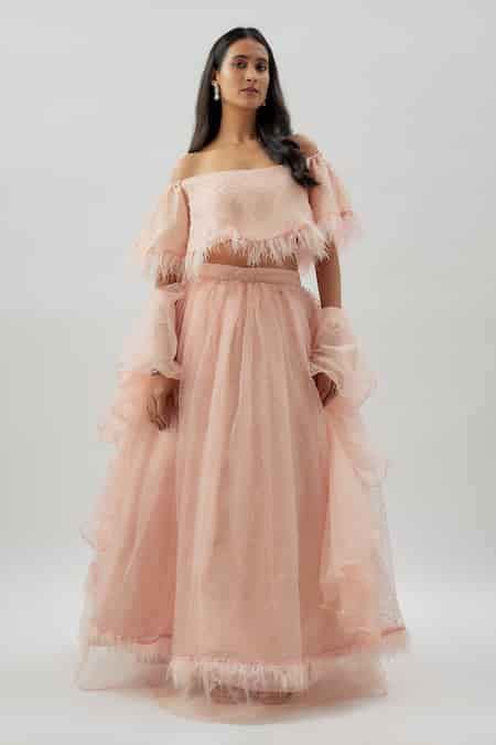 Buy Pink Organza, Net Feathers Off-shoulder Embellished Lehenga Set For ...