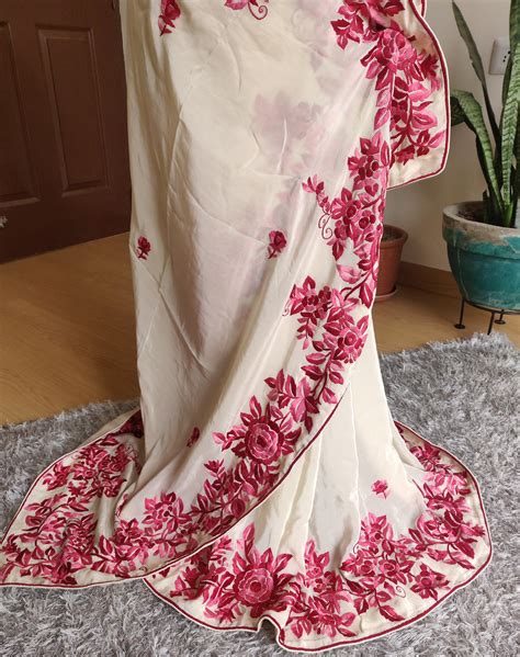 Zeebah cream pure crepe saree with parsi gara hand embroidery