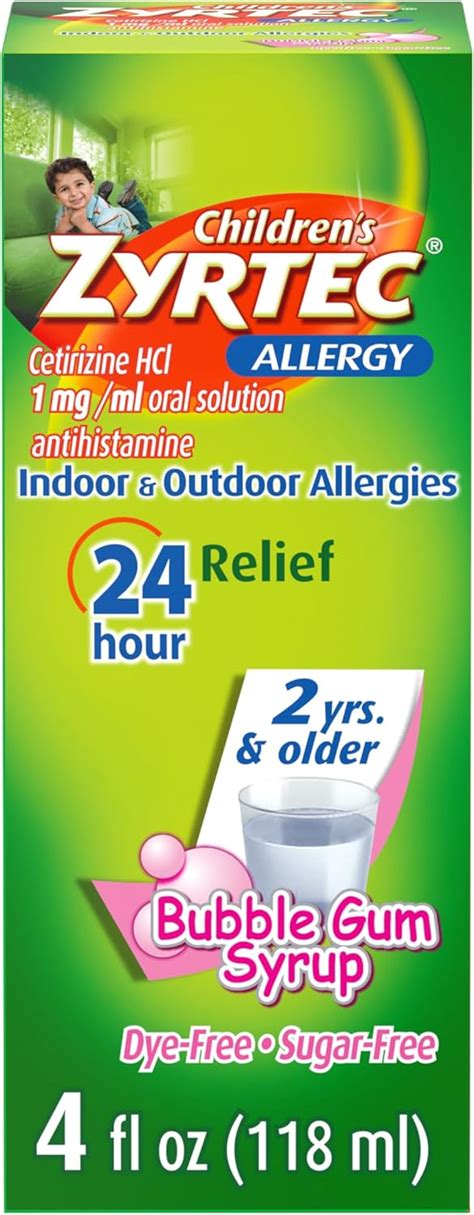 Zyrtec Children's 24 Hour Allergy Relief Syrup, 5 mg Cetirizine HCl ...