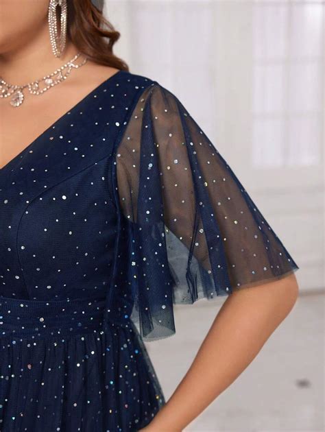 Vestido de tul con lunares brillantes, escote en V, mangas acampanadas ...