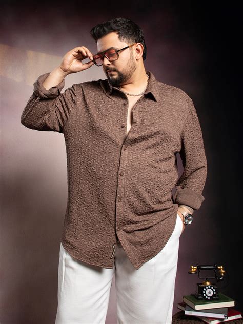 Instafab Plus Men's Chocolate Brown Bloom-Textured Shirt