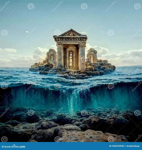 Imaging Construction, Portal With Columns Of Lost Atlantida World Around Ocean Water. Lost ...