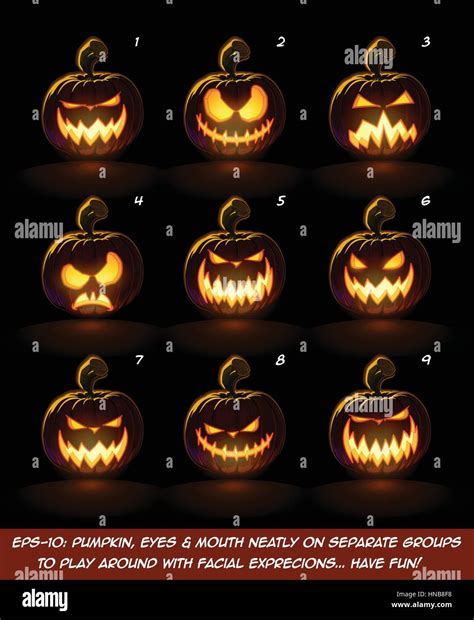 Vector icons of a lighten Jack O Lantern glowing in the dark in 9 scary ...