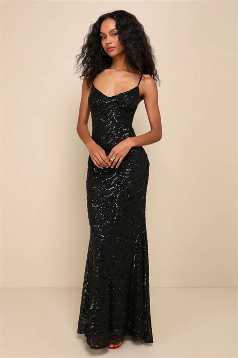Mesmerizing Demeanor Black Sequin Backless Mermaid Maxi Dress | Black ...