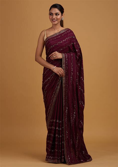 Buy Wine Swarovski Semi Crepe Designer Saree - Koskii