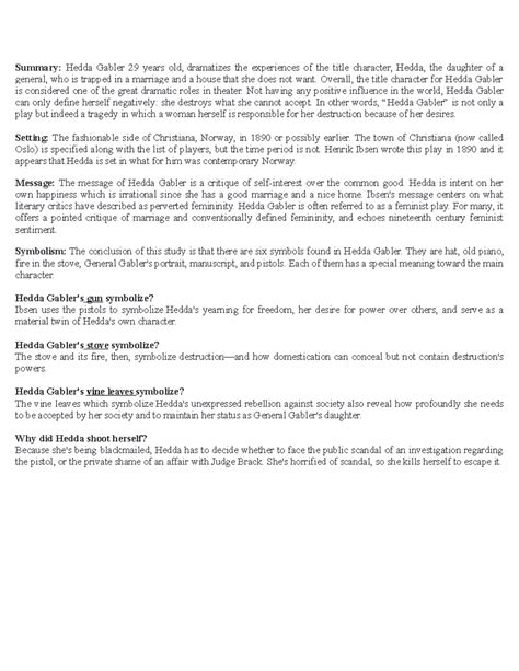 Hedda gabler - Professor Allison Deutermann - Summary: Hedda Gabler 29 ...