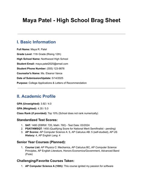 Free High School Сomprehensive Brag Sheet Google Docs Template
