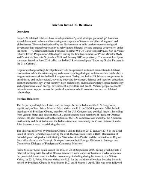 India US brief - Notes - Brief on India-U. Relations Overview: India-U ...