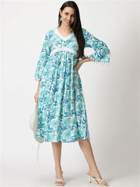 White Tropical Print Cotton Midi Dress with Lace Details – Saffron Threads
