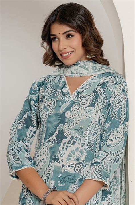 Green Cotton A-line Kurta