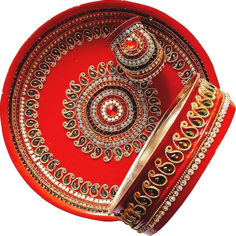 Buy Designer Red Karwa Chauth Puja Thali | Diwali Gifts Indian Decor ...
