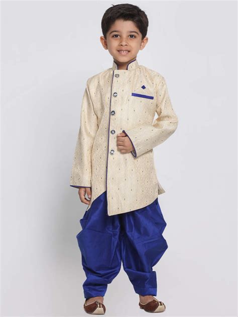 JBN Creation Blue Cotton Silk Blend Boys Indo Wstern Style Sherwani Set ...