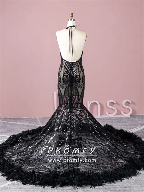 Promfy Black Geometric Pattern Sequin Long Train Prom Dress