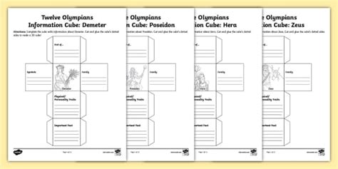 Twelve Olympians Greek Mythology Information Cubes Worksheet