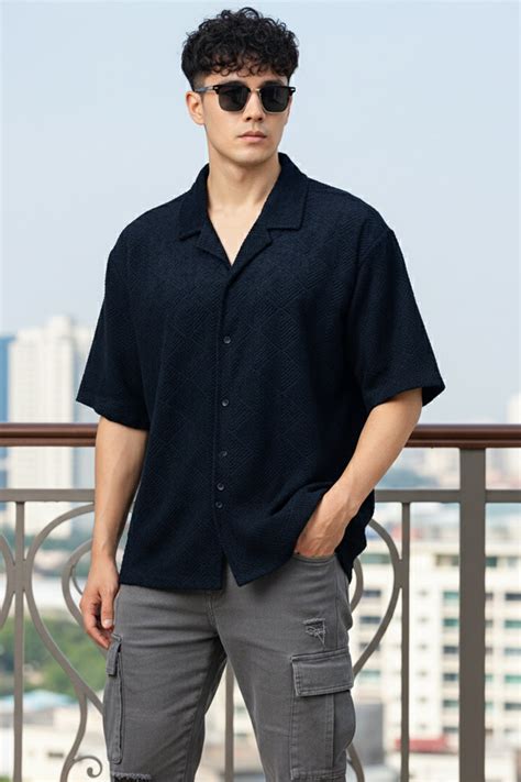 Navy Jacquard Plain Oversized Exclusive Shirt – Veirdo