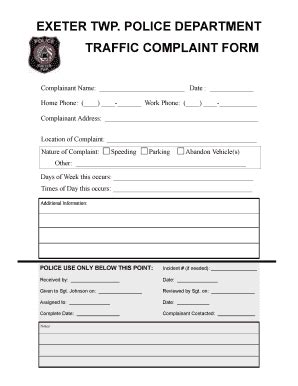 Fillable Online EXETER TWP POLICE DEPARTMENT TRAFFIC COMPLAINT FORM Fax ...