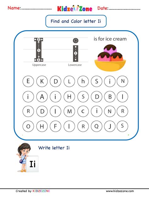 Kindergarten Letter I worksheets - Find and Color - KidzeZone