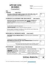 apush leq rubric - APUSH LEQ RUBRIC Causation Name: LEQ: S1L THESIS ONE ...