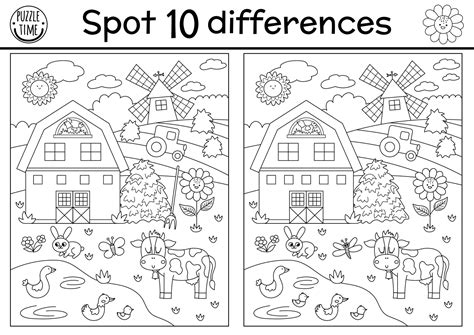 On the farm black and white find differences game for kids. Educational ...