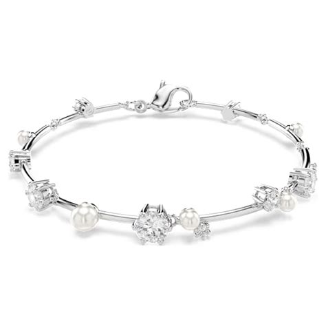 Constella bracelet, Crystal pearl, Round cuts, White, Rhodium plated ...