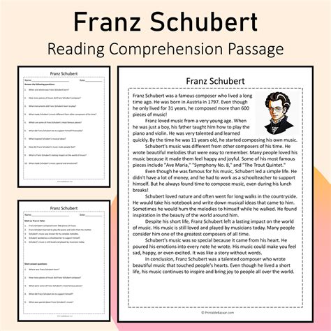 Franz Schubert | Reading Comprehension Passage Printable Activity ...