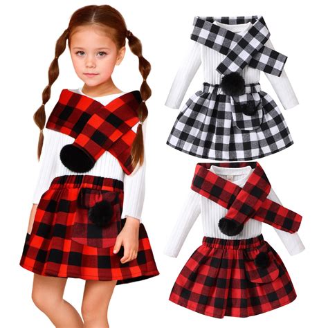 Girls Plaid Skirt Set Christmas 3 Piece Outfits Long Sleeve Ribbed Knit ...