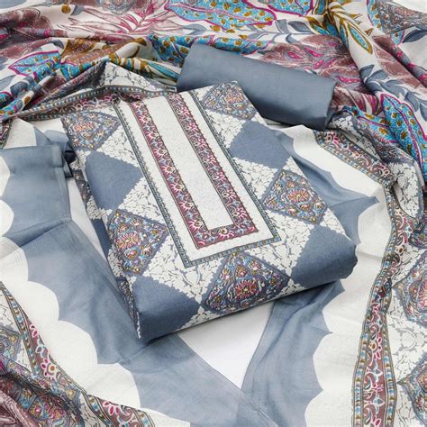 Grey Floral Printed Pure Cotton Dress Material