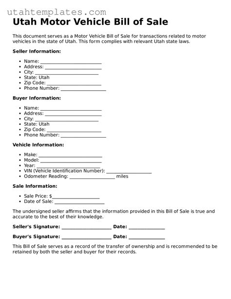 Utah Motor Vehicle Bill of Sale Forms • Printable Template