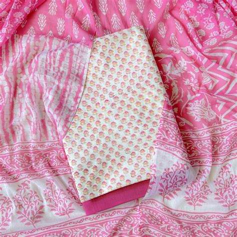 Bright Pink & Off-White Hand Block Printed Pure Cotton Unstitched Suit ...