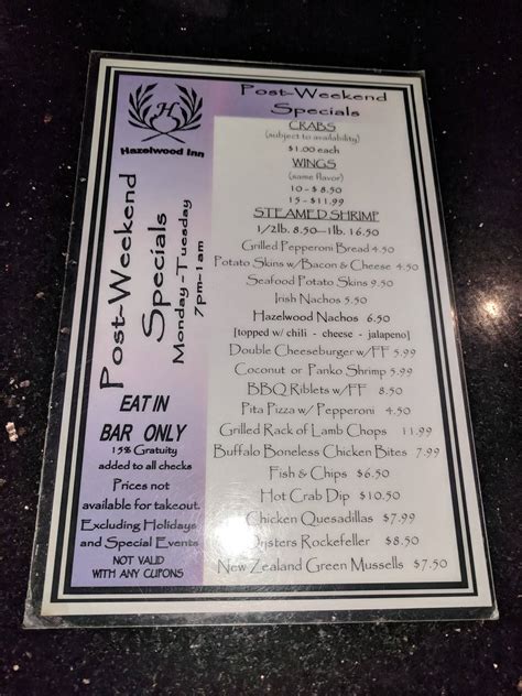 Menu at Hazelwood Inn restaurant, Baltimore