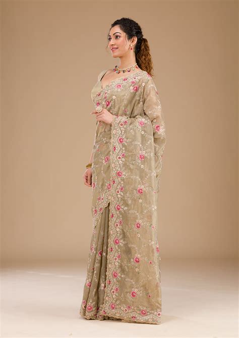 Buy Pista Green Threadwork Tissue Saree - Koskii