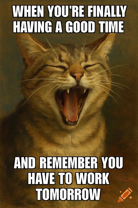 A cat with its mouth wide open in a scream or yawn. Text reads 'WHEN YOU'RE FINALLY HAVING A ...