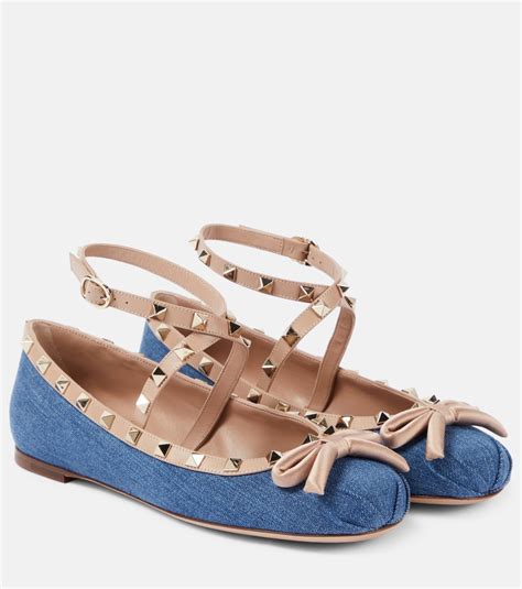 Rockstud leather-trimmed denim ballet flats in blue - Valentino ...