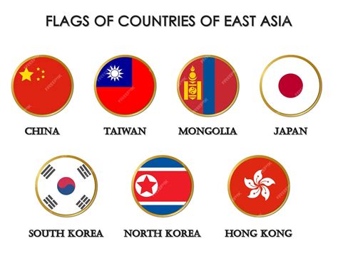 Premium Vector | Vector flags of countries of east asia design with gold line - countries in east asia
