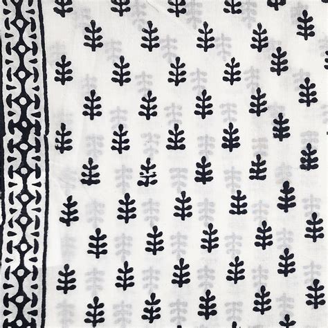Pure Cotton White With Black Tiny Flower Motifs Hand Block Print Fabri ...