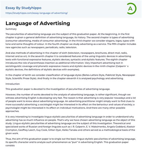 Language of Advertising Essay Example | StudyHippo.com - language of advertisement