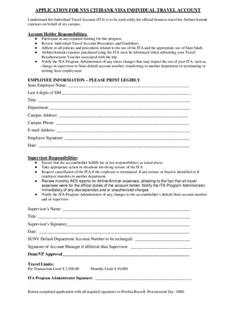 Fillable Online APPLICATION FOR NYS CITIBANK VISA INDIVIDUAL TRAVEL ...