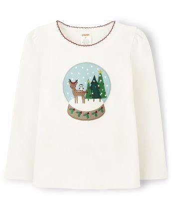 Girls Long Sleeve Embroidered Snow Globe Top - Holiday Express - WHITE ...