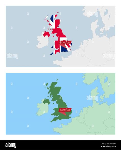 United Kingdom map with pin of country capital. Two types of United Kingdom map with neighboring ...