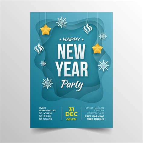 Paper style new year party flyer template | Free Vector