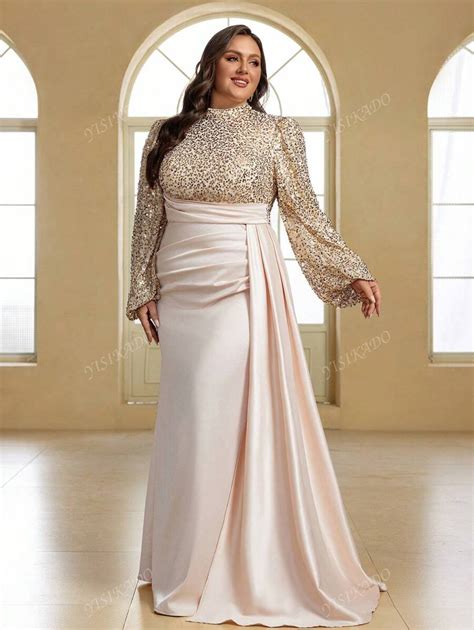 YISIKADO Plus Size Elegant Luxury Sequin Contrast Satin High Neck Long ...