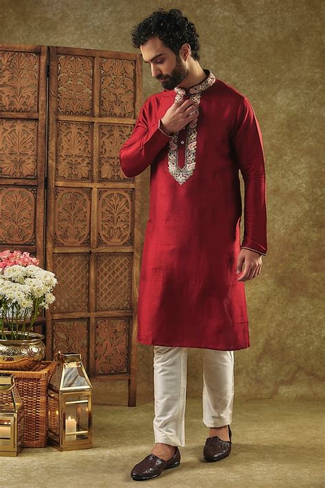 Buy SAMMOHAN Red Tussar Resham Embroidered Kurta Set at Pernia ...