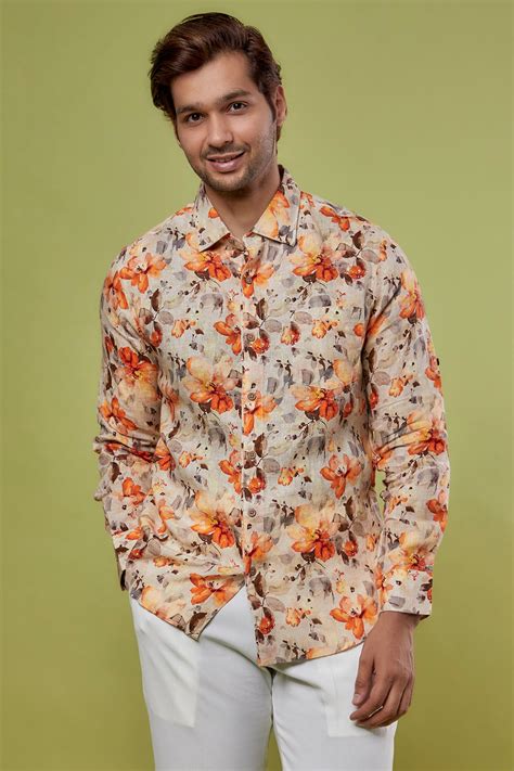 Orange Floral Print Shirt In Pure Linen With Soft Hand Feel – Linen ...