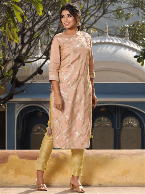 Buy Gota Work Beige Cotton Silk Kurta - Jaipur Kurti