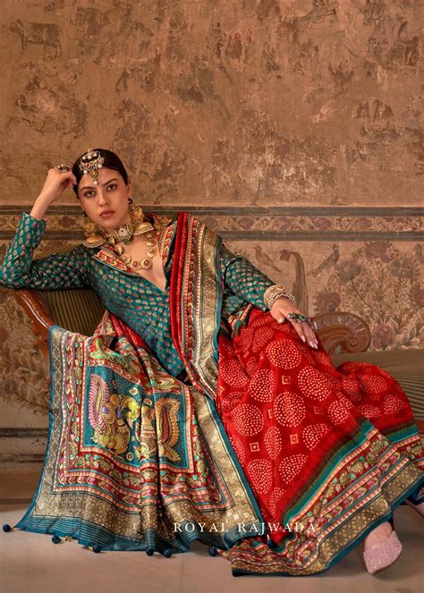 Shop Red Kalamkari Bandhani Fusion Silk Saree Online With Stud Work ...